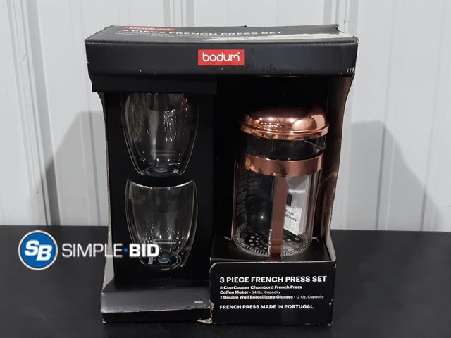 Lot 58-34699 - New Bodum 3 piece French Press set -- 8 cup copper Chambord French press