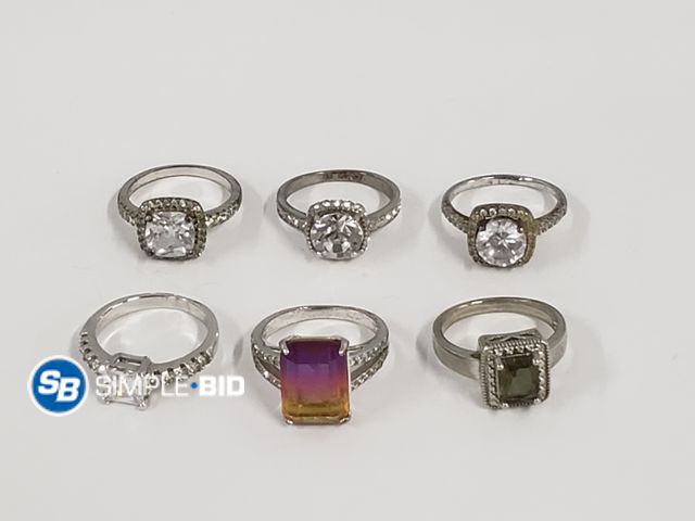 Lot 58-74286 - Lot of (6) Fashionable Rings, Center Gem Style, Stainless Steel Look