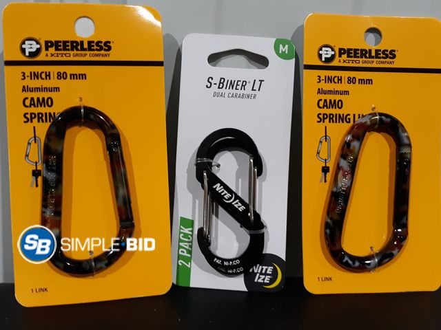 Lot 58-26897 - Lot of (4) New Carabiners (1) S-Biner LT 2 pack (2) Peerless Camo Spring 3"