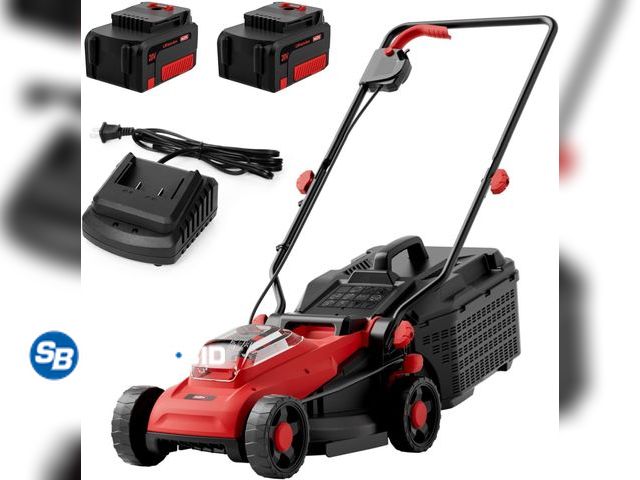 Lot 58-81307 - MZK 20V 13-Inch Electric Lawn Mower, Compact Brushless Mower Compact push mower with dual batteries,...