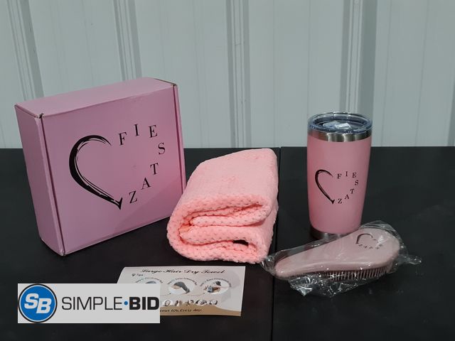 Lot 58-21221 - Fiestaz Gift Set - Comes with Large Hair Dry Towel, Brush and a Tumbler - All Pink Color - Appears U...