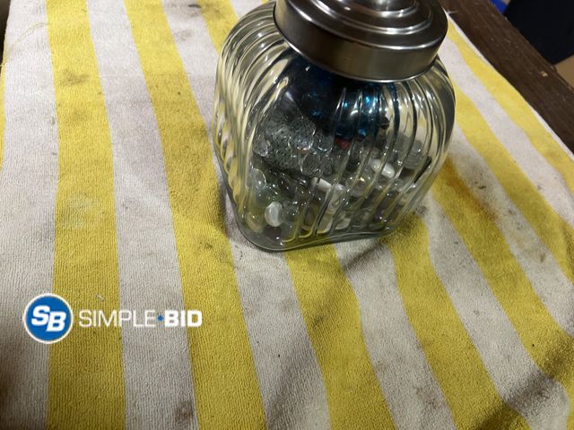 Lot 58-33976 - 1 glass jar Glass Container with Metal Lid 
Full of Glass Decorative Stones