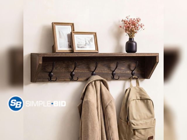 Lot 58-76143 - New 35 Inch Wall Shelf with Hooks and Shelf Organizer Wooden Color Wall Mount Coat Rack with 5 Tripl...
