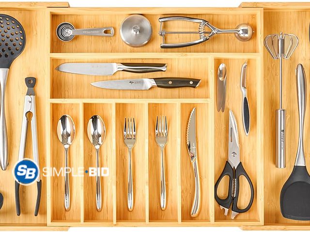 Lot 58-81460 - New Umilife Extra Large Expandable Kitchen Siverware Utensils Drawer Organizer, 19" Deep for Big Dra...