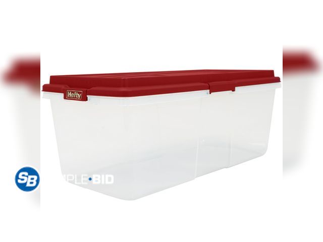 Lot 58-54859 - New Hefty 113 Quart Clear Plastic Latched Storage Container, HIRISE Red Lid