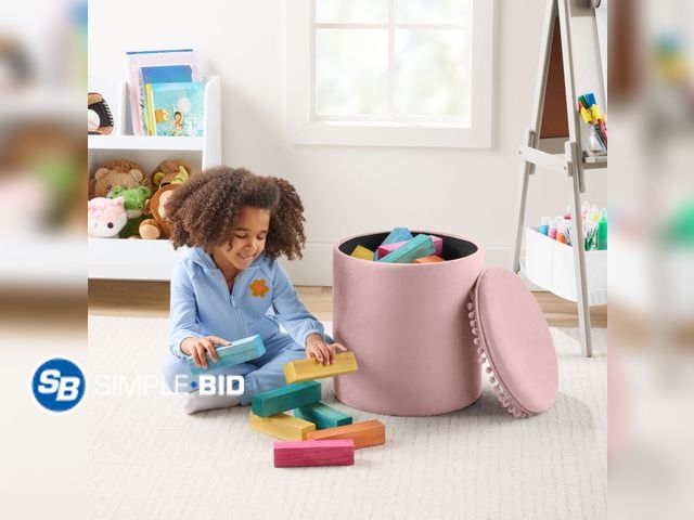 Lot 58-29661 - New Kvell Pom Pom 15" Kids Storage Ottoman, Velvet Upholstery, Blush