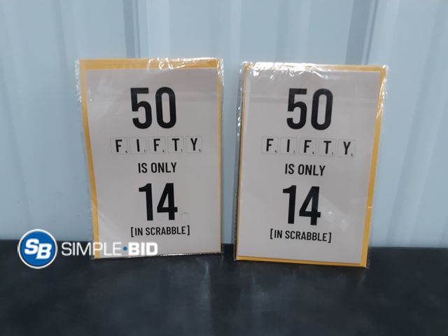 Lot 58-57282 - Lot of (2) New Greeting Cards -- 50!! is ONLY 14 in Scrabble!!