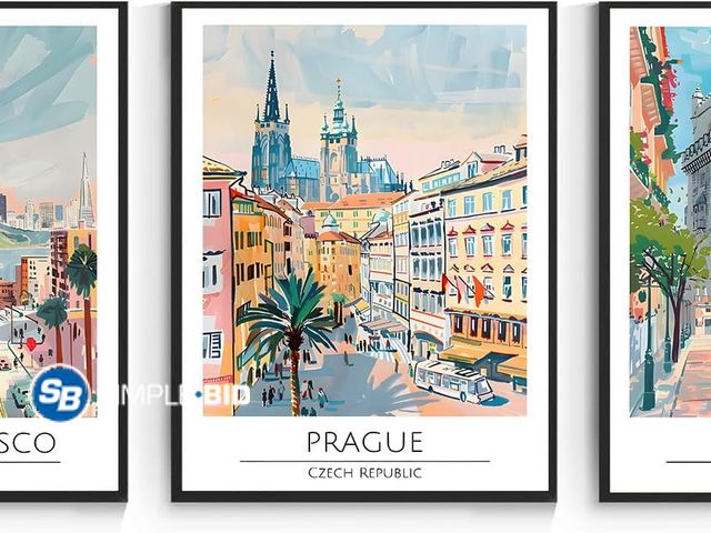 Lot 58-57052 - New BingruiArt Vintage Travel Cities Wall Art Set of 3 Canvas Trendy Prague Scenery Wall Decor Lisbo...