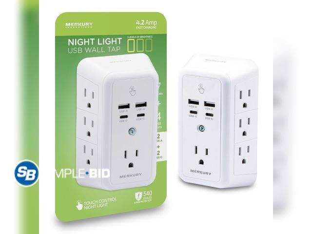 Lot 58-60330 - Merkury Innovations Wall Tap Night Light, 7 AC Outlets, 2 USB-A &amp; 2 USB-C, 540J Surge, White - a...