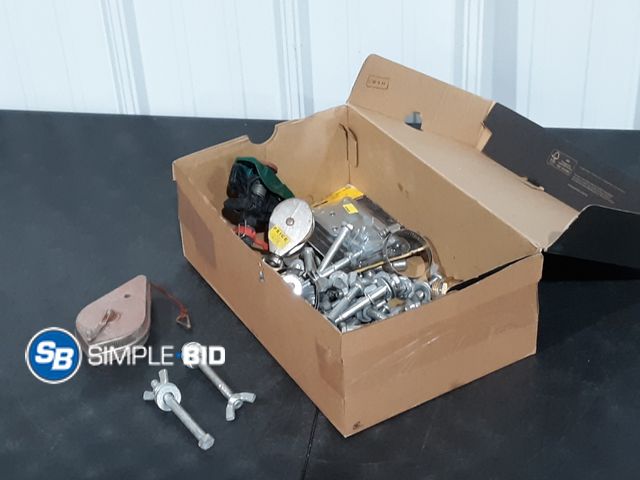 Lot 58-29130 - Box of Misc Items, Bolts, Chalk LIne, Hinges and More