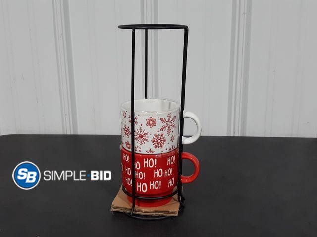 Lot 58-32700 - Stoneware Mug wire Tower -- 2 Mugs with Stand - Ho Ho Ho and Snowflakes