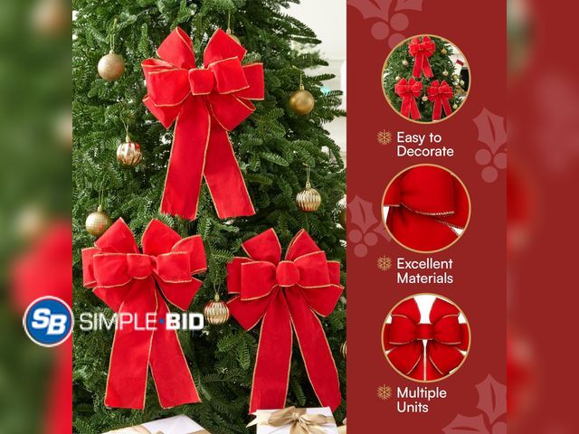 Lot 58-73705 - New JOYIN 3 PCS Christmas Red Velvet Bows 14" x 12", Large Xmas Golden Edged Red Velvet Bow Tree Dec...
