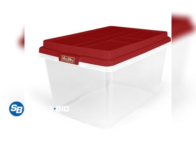 Lot 58-54833 - New Hefty 72 Quart Clear Plastic Storage Bin with  Red HIRISE Lid