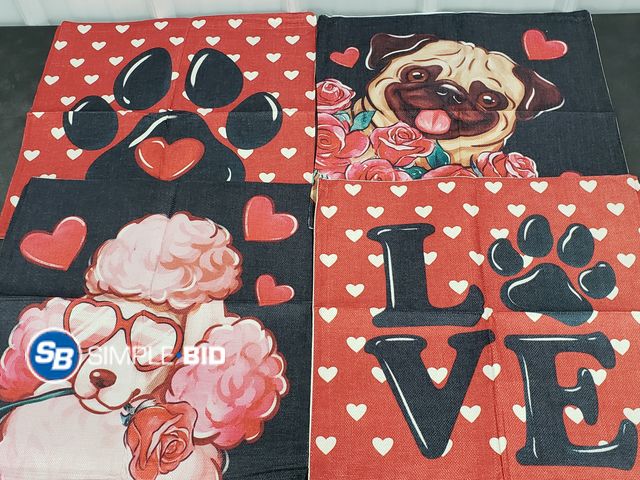 Lot 58-50388 - Set of (4) New Valentine - Dog Lovers Pillow Coverings - approx. 18" x 18" - super cute!