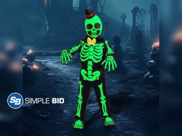 Lot 58-32488 - Joyfy Glows in the Dark Skeleton Costume for Kids, Black Skelebones Jumpsuit, Bone Halloween Costume...