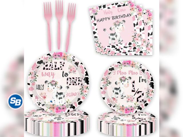 Lot 58-40585 - New Holy Cow I'm 1/2 Birthday Party Decoration Moo Moo Half Way To 1st Paper Plates Napkins Forks Cu...