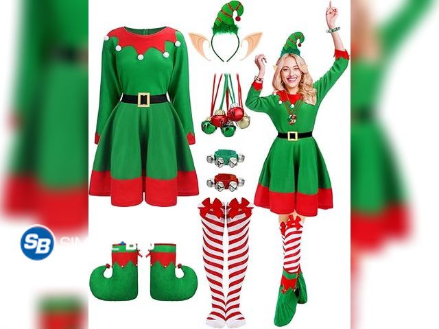 Lot 58-18043 - CHRISTMAS IN JULY! New Suhine 15 Pcs Women Christmas Elf Costume Santa's Helpers Dress Outfit Elf Ha...