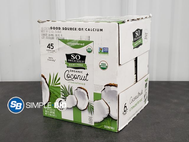 Lot 58-29919 - SO Delicious Dairy Free Organic COCONUT Unsweetened coco milk - 6 quarts - unopened - best by 7/26