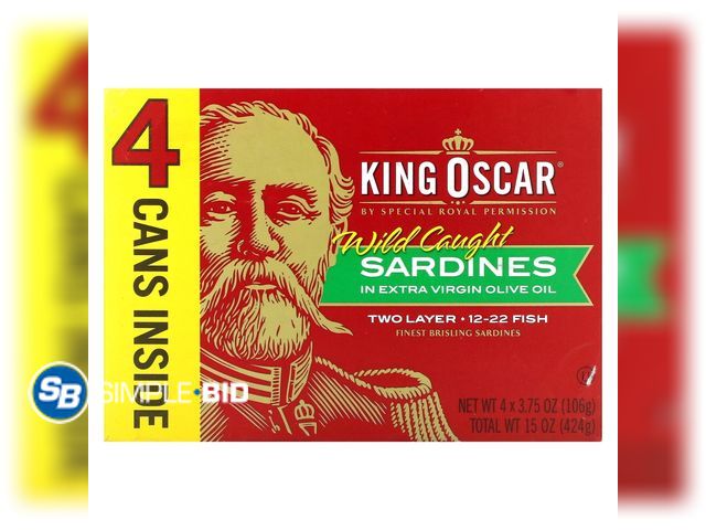 Lot 58-69922 - King Oscar Wild Caught Sardines in Extra Virgin Olive Oil 4 - 3.75 oz Cans - unopened