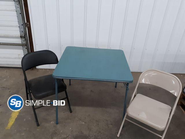 Lot 58-36602 - Lot of (2) Metal Folding Chairs with Blue Vinyl Top Card Table - Used