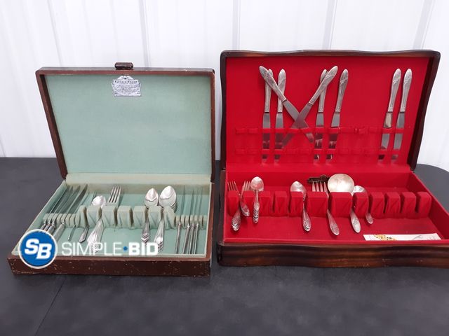 Lot 58-78092 - Lot of (2) Wooden Boxes with Vintage Silverware