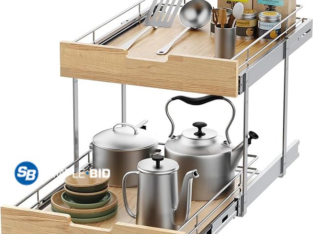Lot 58-28690 - New Pull Out Cabinet Organizer,Heavy-Duty Slide Out Shelf, Wood and Wire Basket, Pull Out Drawer for...
