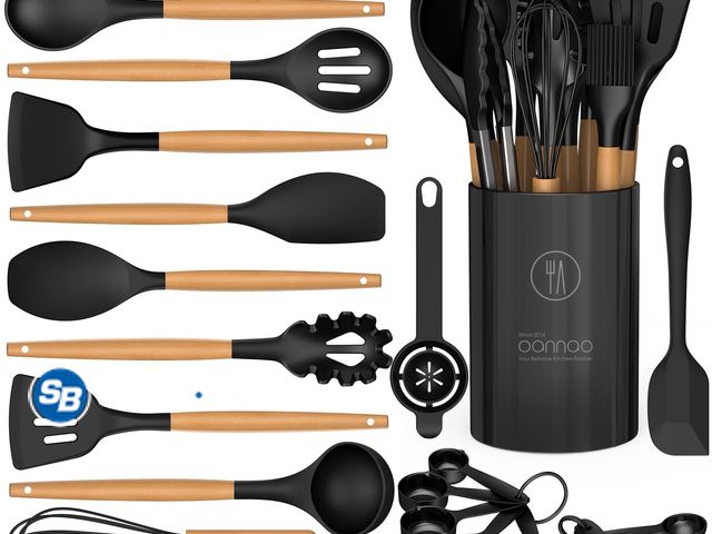 Lot 58-58487 - New Silicone Cooking Utensils Set - Silicone Kitchen Utensils for Cooking Wooden Handles, 446°F Heat...
