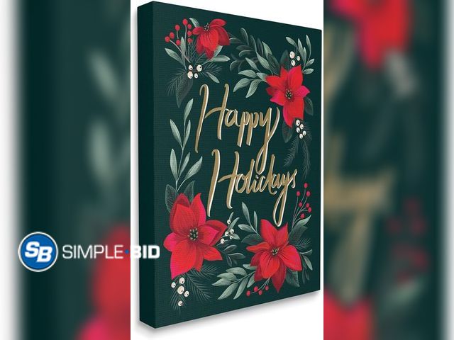 Lot 58-28265 - CHRISTMAS IN JULY! New Stupell Industries Happy Holidays Greeting Red Winter Poinsettia Florals, Des...