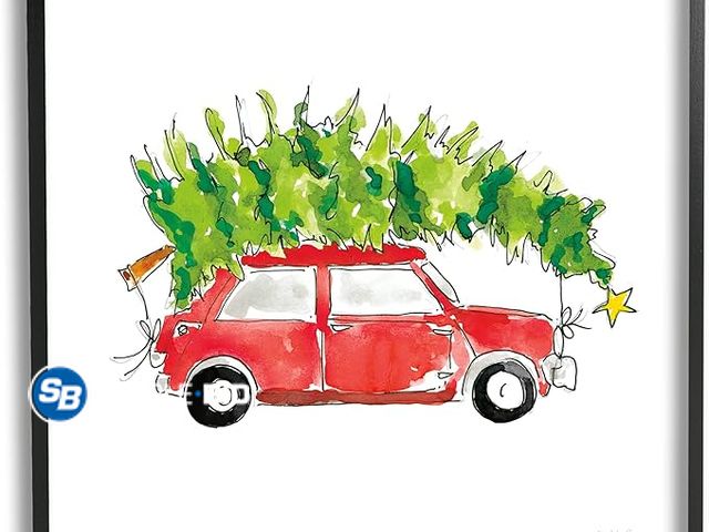 Lot 58-36546 - New Stupell Industries Vintage Red Car Oversized Christmas Tree Watercolor, Designed by Mercedes Lop...