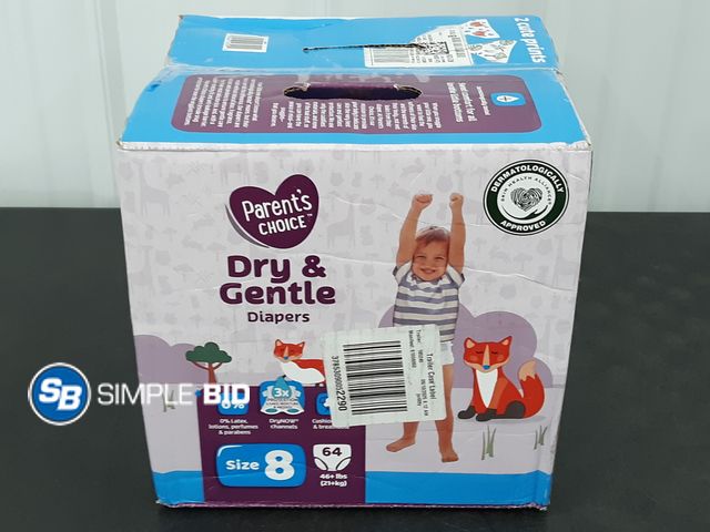 Lot 58-36296 - DIAPERS! New Parent's Choice Dry and Gentle diapers - SIZE 8 - 46+ 64 diapers