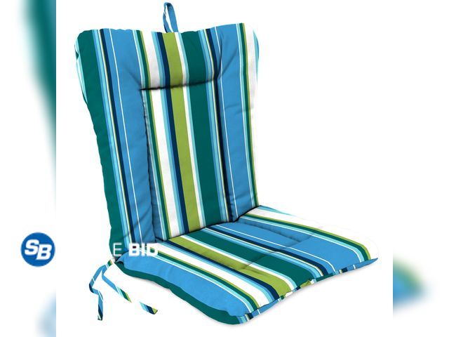 Lot 58-38692 - New Jordan Manufacturing 38" x 21" Covert Capri Blue Stripe Rectangular Outdoor Wrought Iron Chair C...