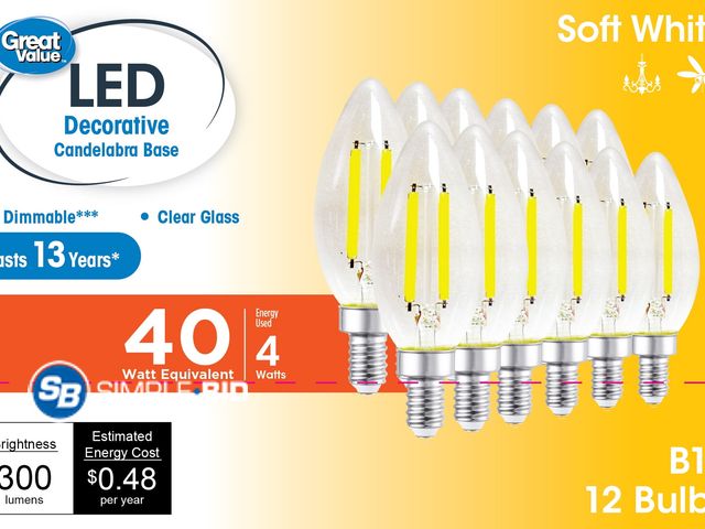 Lot 58-37476 - New Great Value LED Light Bulb, 4W (40W Equivalent) B10 Deco Lamp E12 Candelabra Base, Dimmable, Sof...