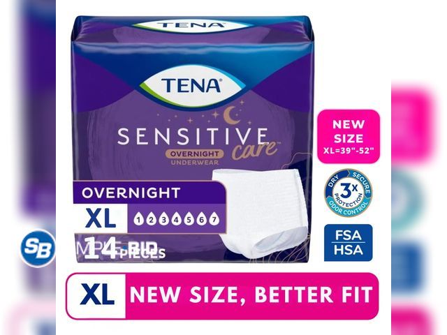 Lot 58-58162 - New TENA Sensitive Care Overnight Underwear, XL, 14 Count (Waist size 39in-52in)
