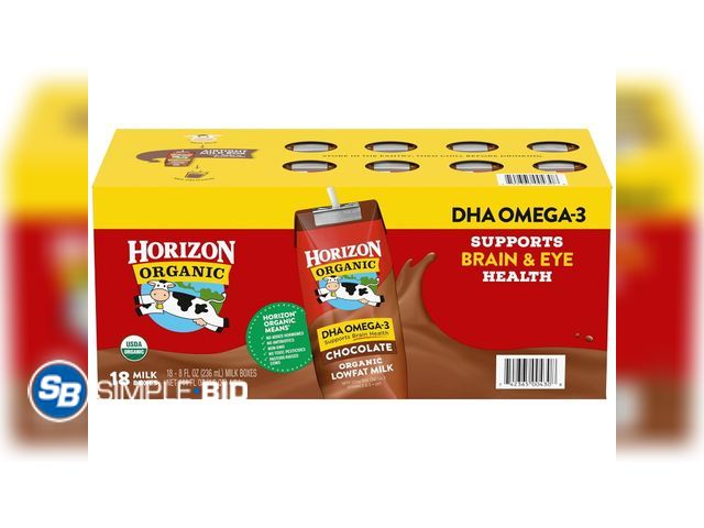 Lot 58-72367 - Horizon Organic Chocolate Low-Fat Milk Boxes, 8 fl oz, 18 Count - unopened - expired
