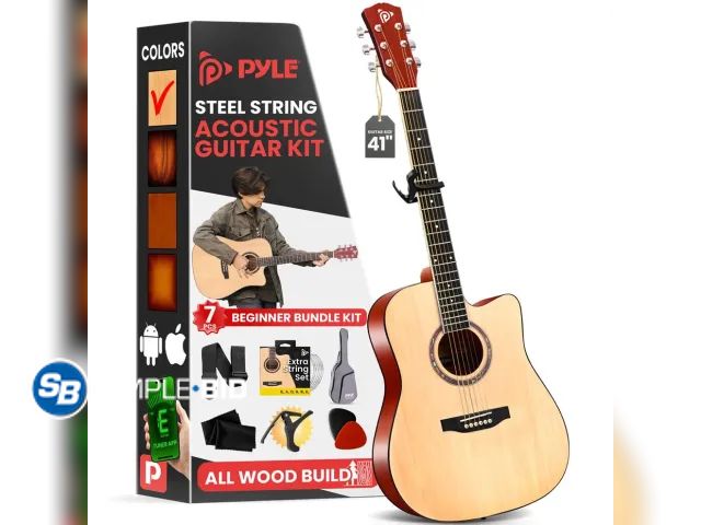 Lot 58-75649 - Pyle Guitar - PGA480NT.X9 Beginner Acoustic Guitar Kit, 4/4 Full Size All Wood Instrument, 41" Natur...