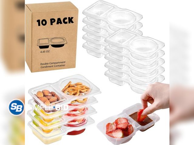 Lot 58-50684 - New Sereficy 10 Sets Double Compartment Condiment Container, 2 Compartment Snack Containers, Disposa...