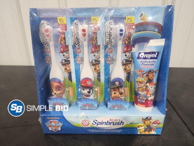 Lot 58-34757 - Paw Patrol Kid's Spinbrush -- set of (3) with Orajel toothpaste - unopened