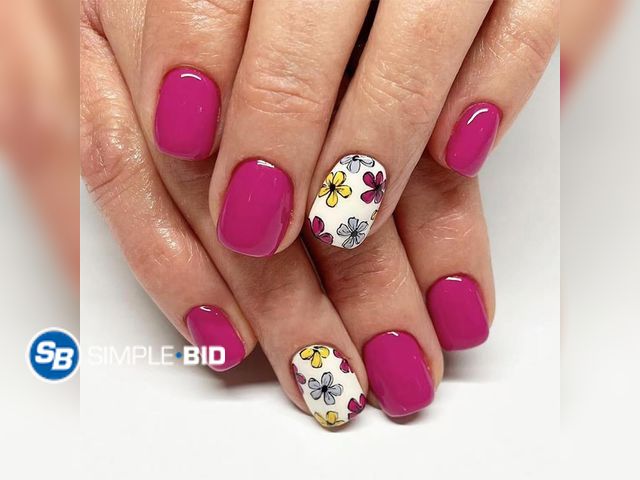 Lot 58-58210 - New 24 Pcs Rose Purple Press On Nails Short Square,YEFIUO Spring Small Flowers Fake Nails Press ons ...