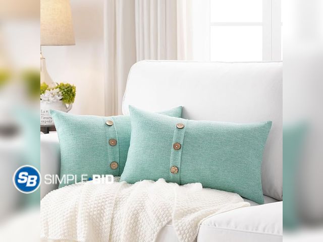 Lot 58-26366 - New Meekio Set of 2 Aqua Lumbar Pillow Covers 12 x 20 Farmhouse Boho Pillow Covers with Coconut Butt...