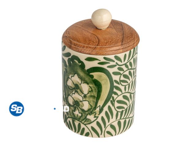 Lot 58-60745 - New Creative Co-Op Stoneware Canister with Botanical Design and Acacia Wood Lid, Green