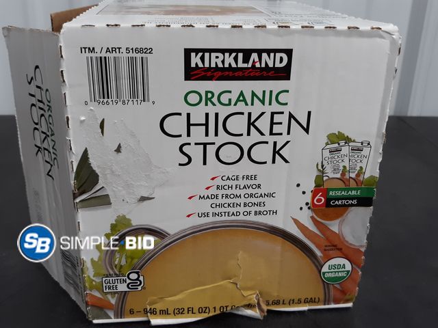 Lot 58-39217 - Kirkland Organic Chicken Stock - 4 quarts - unopened