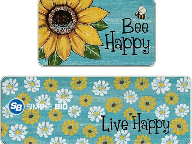 Lot 58-38518 - New Flower Bee Happy Kitchen Rugs Set of 2, Live Happy Sunflower Floral Blue Kitchen Mats Decor, Sea...