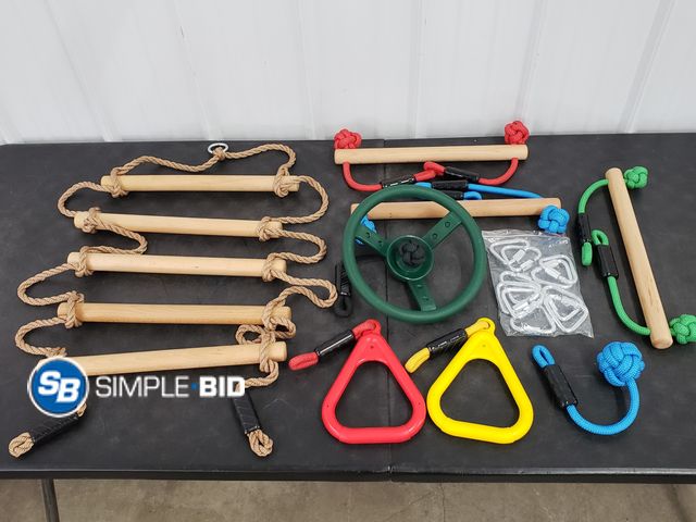 Lot 58-80466 - Large lot of Misc Play set Pieces, Steering wheel, Hanging Bars, Rope/wood Ladder