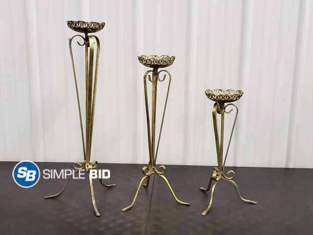 Lot 58-72808 - Set of 3 Golden Candle Stick Holders - (1) is 16" (1) is 20" Tall and (1) is 25" Tall - Used