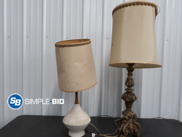 Lot 58-36598 - Lot of (2) Tall Table Lamps with Shades , (1) Ceramic /Wood Approx 31" Tall and (1) Metal 42" Tall -...
