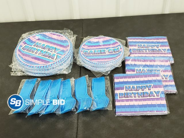 Lot 58-58540 - Lot of New HAPPY BIRTHDAY paper Plates, Napkins, Forks  -- (3) packages of HAPPY BIRTHDAY plates 20 ...