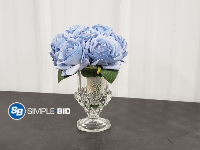 Lot 58-77770 - New Velvet baby blue Roses in crystal Vase
