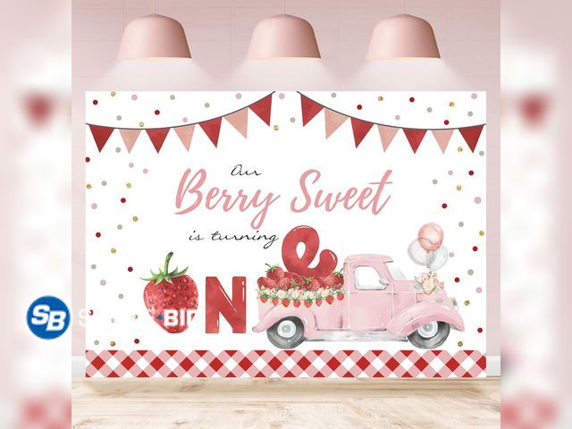 Lot 58-38833 - New Strawberry Theme Birthday Party Backdrop Decorations for Berry Sweet Girl Pink Floral Fruits Pho...