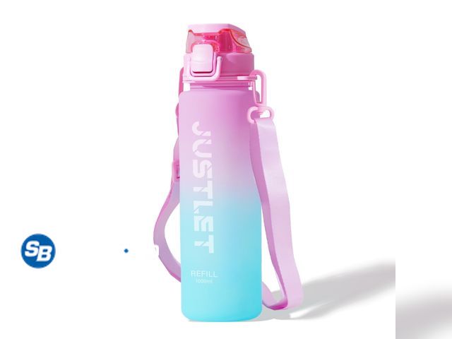 Lot 58-18090 - New JUSTLET 32oz Sports Water Bottle with Motivational Time Marker &amp; Leakproof Lid, Pink Green