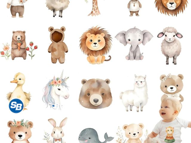 Lot 58-70092 - New 20 Pcs 5.5 Inch Baby Iron On DTF Transfers with Soft Watercolor Animal Designs for Baby Clothes,...